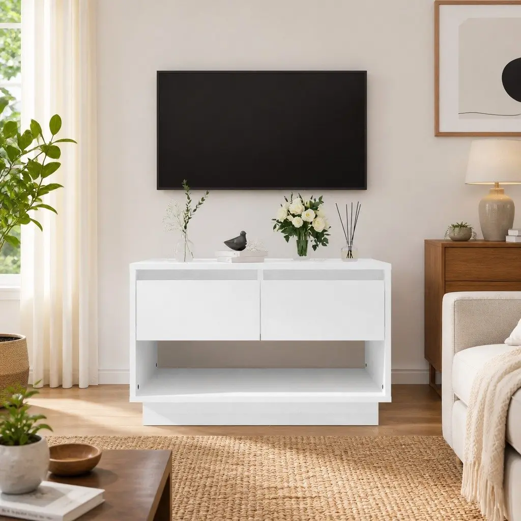 White Engineered Wood TV Stand 70x41x44cm High Gloss Storage Unit with 2 Drawers and 1 Open Compartment