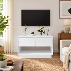 TV Cabinet White High Gloss 70x41x44cm Storage Unit Drawers Open Compartment