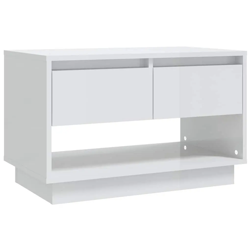 White Engineered Wood TV Stand 70x41x44cm High Gloss Storage Unit with 2 Drawers and 1 Open Compartment