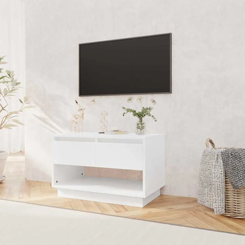 White Engineered Wood TV Stand 70x41x44cm High Gloss Storage Unit with 2 Drawers and 1 Open Compartment