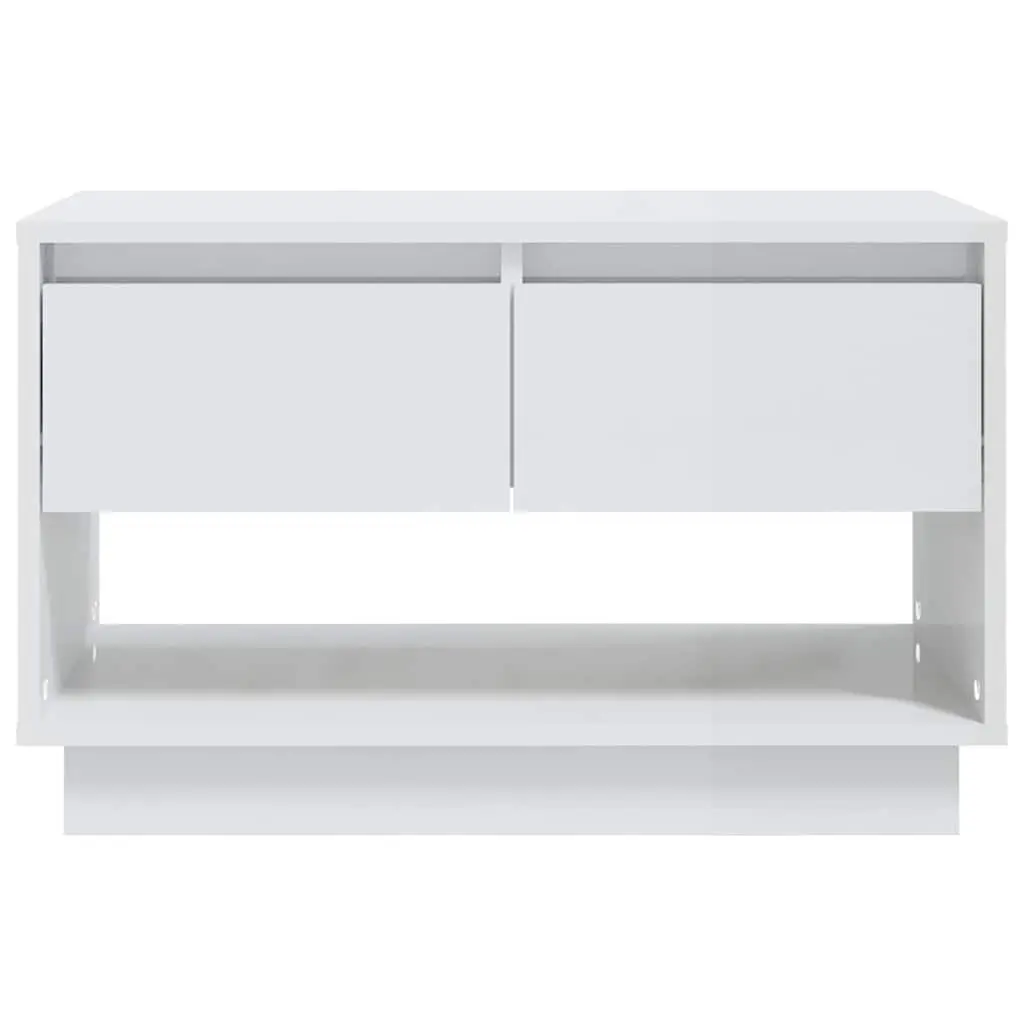 White Engineered Wood TV Stand 70x41x44cm High Gloss Storage Unit with 2 Drawers and 1 Open Compartment