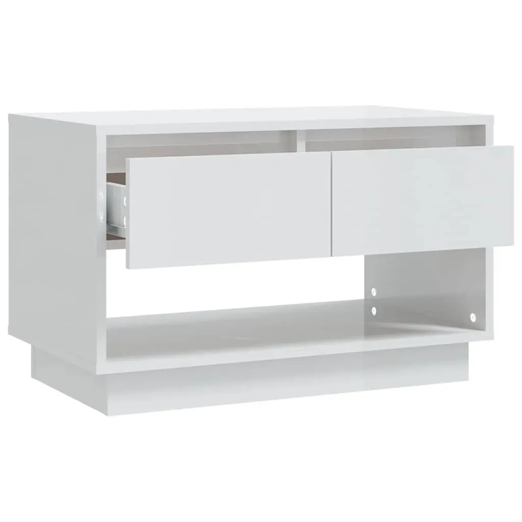 White Engineered Wood TV Stand 70x41x44cm High Gloss Storage Unit with 2 Drawers and 1 Open Compartment