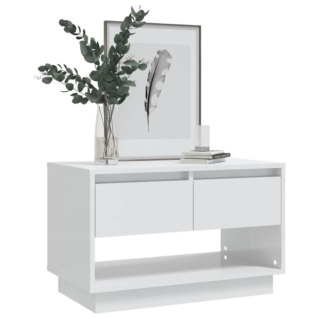 White Engineered Wood TV Stand 70x41x44cm High Gloss Storage Unit with 2 Drawers and 1 Open Compartment