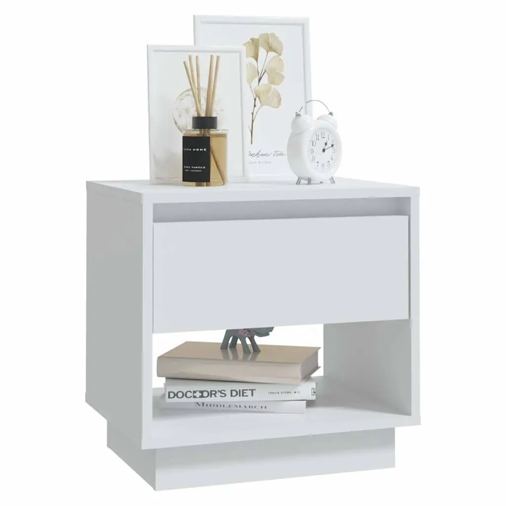 Bedside Cabinet Engineered Wood White 45 x 34 x 44 cm Nightstand Storage Drawer Open Compartment