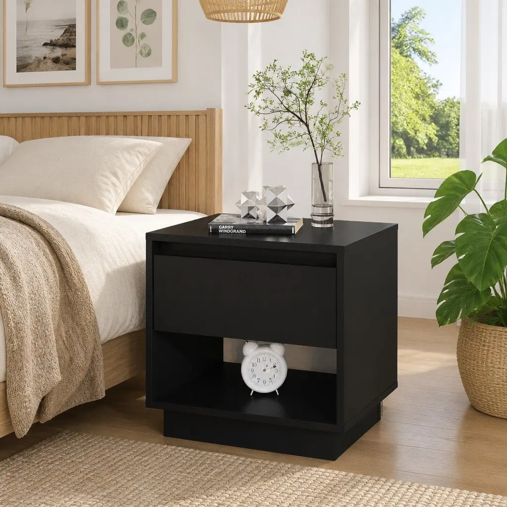 Bedside Cabinet Engineered Wood Black Compact Nightstand with Drawer and Open Compartment