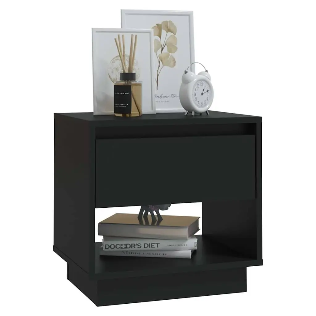 Bedside Cabinet Engineered Wood Black Compact Nightstand with Drawer and Open Compartment