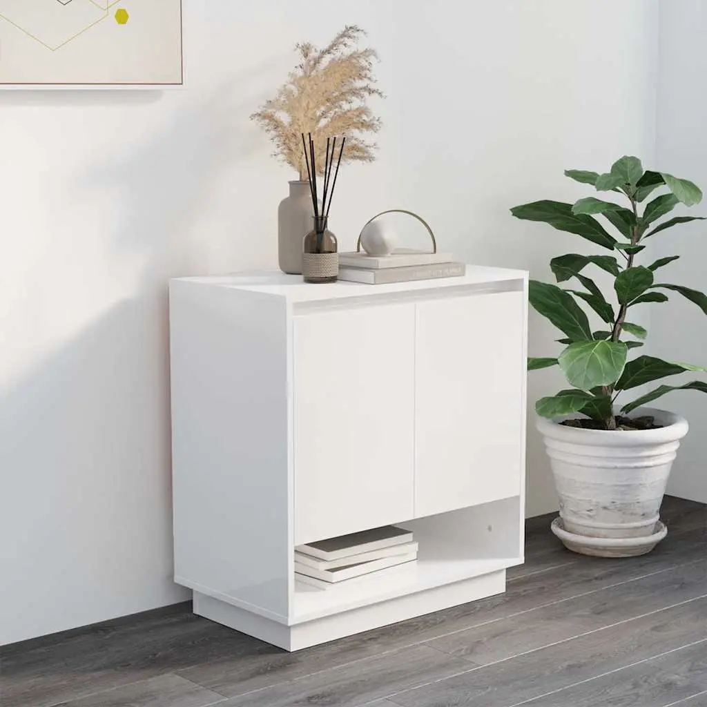 Sideboard Storage Cabinet Minimalist High Gloss White Engineered Wood 70x41x75cm with Doors and Compartments for Home Furniture