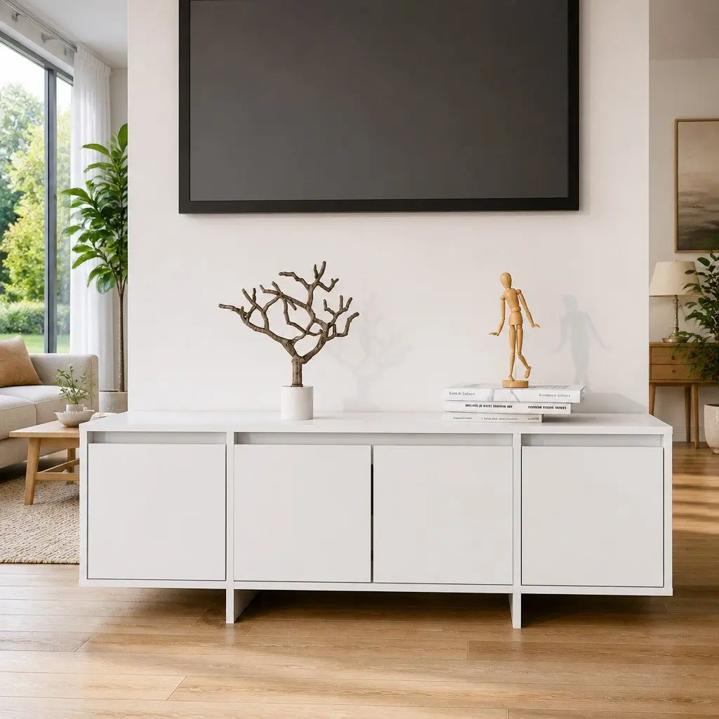White TV Cabinet Engineered Wood 120cm Lowboard 4 Door Storage Unit Living Room Furniture