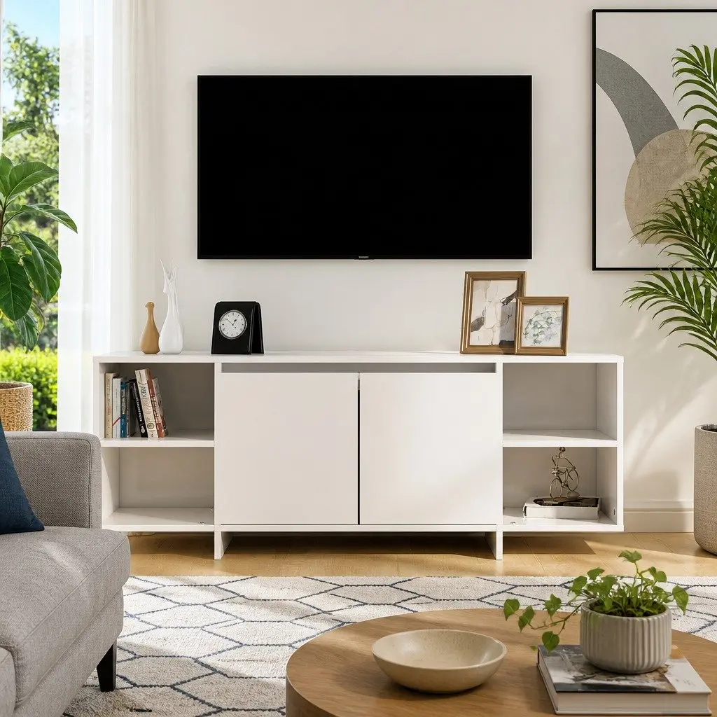 TV Cabinet Engineered Wood High Gloss 130x35x50cm White Storage Lowboard Entertainment Unit