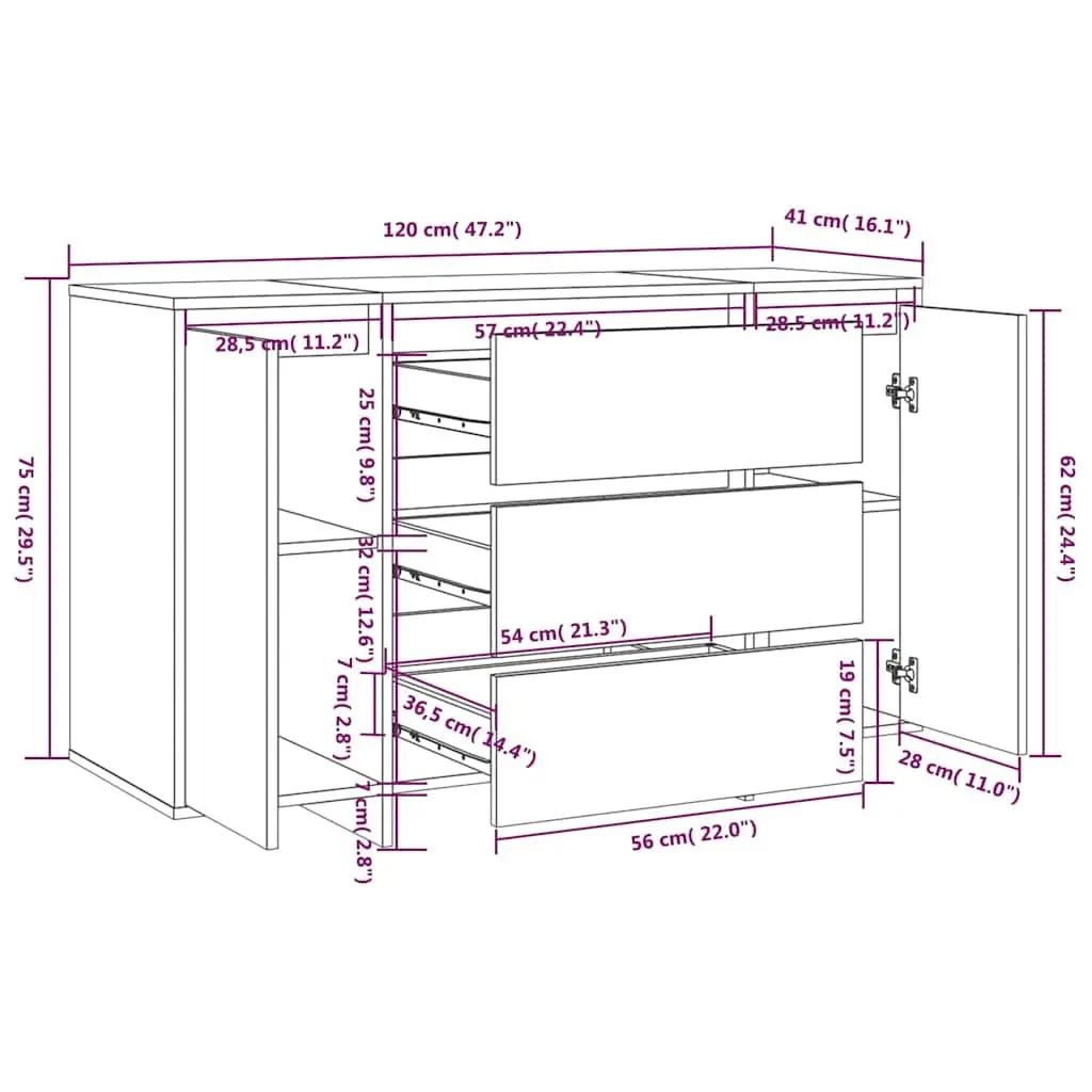 Sideboard Cabinet Engineered Wood 120 x 41 x 75 cm Grey 2 Doors 3 Drawers
