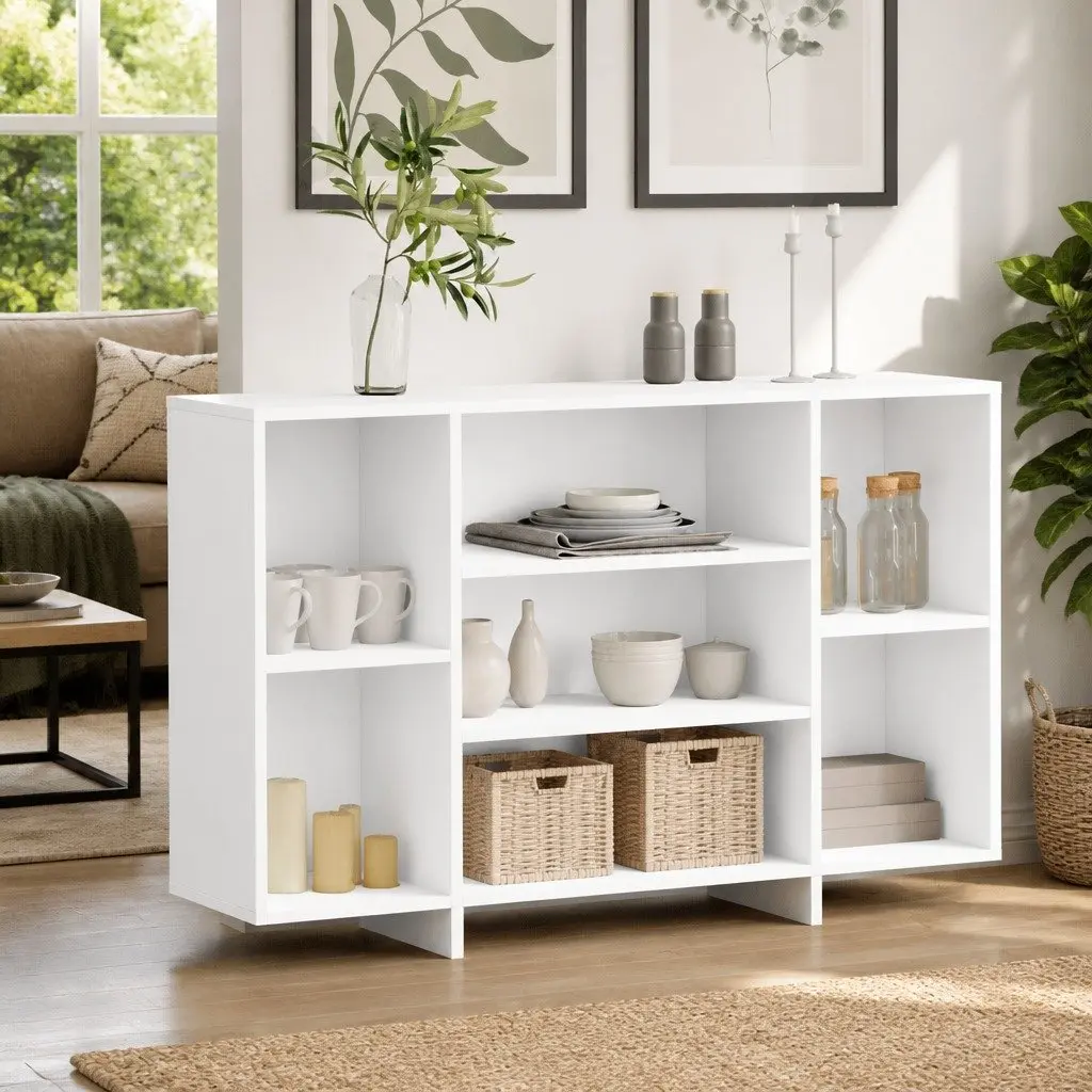 Sideboard Engineered Wood 120W x 30D x 75H cm White Modern Storage Cabinet with Shelves