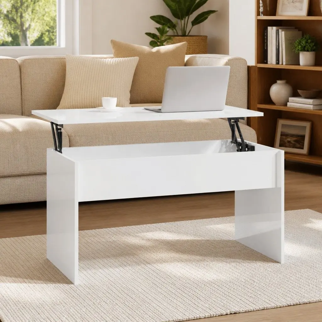 White Modern Coffee Table Lift Top Storage Engineered Wood 102cm