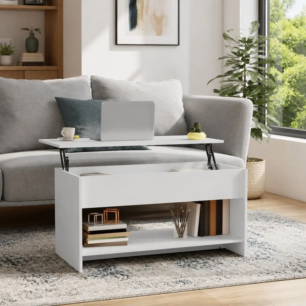 Coffee Table Engineered Wood Adjustable Height White Lift Top Storage Compartment