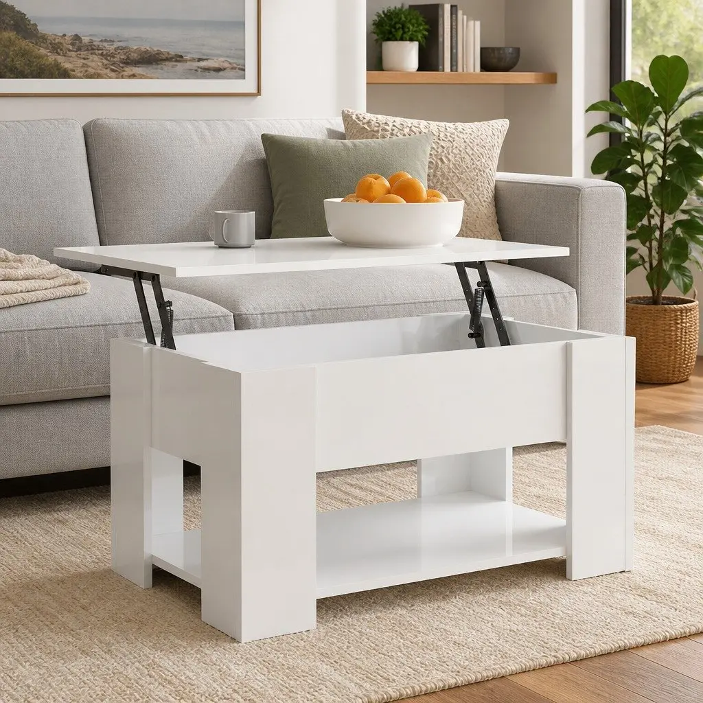 Coffee Table Engineered Wood Lift Top White 79W x 49D x 41H cm