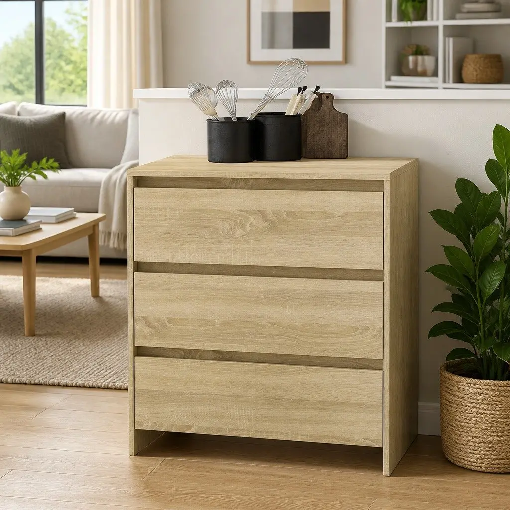 Sideboard Engineered Wood 70W x 41D x 75H cm Brown 3 Drawers Storage Cabinet