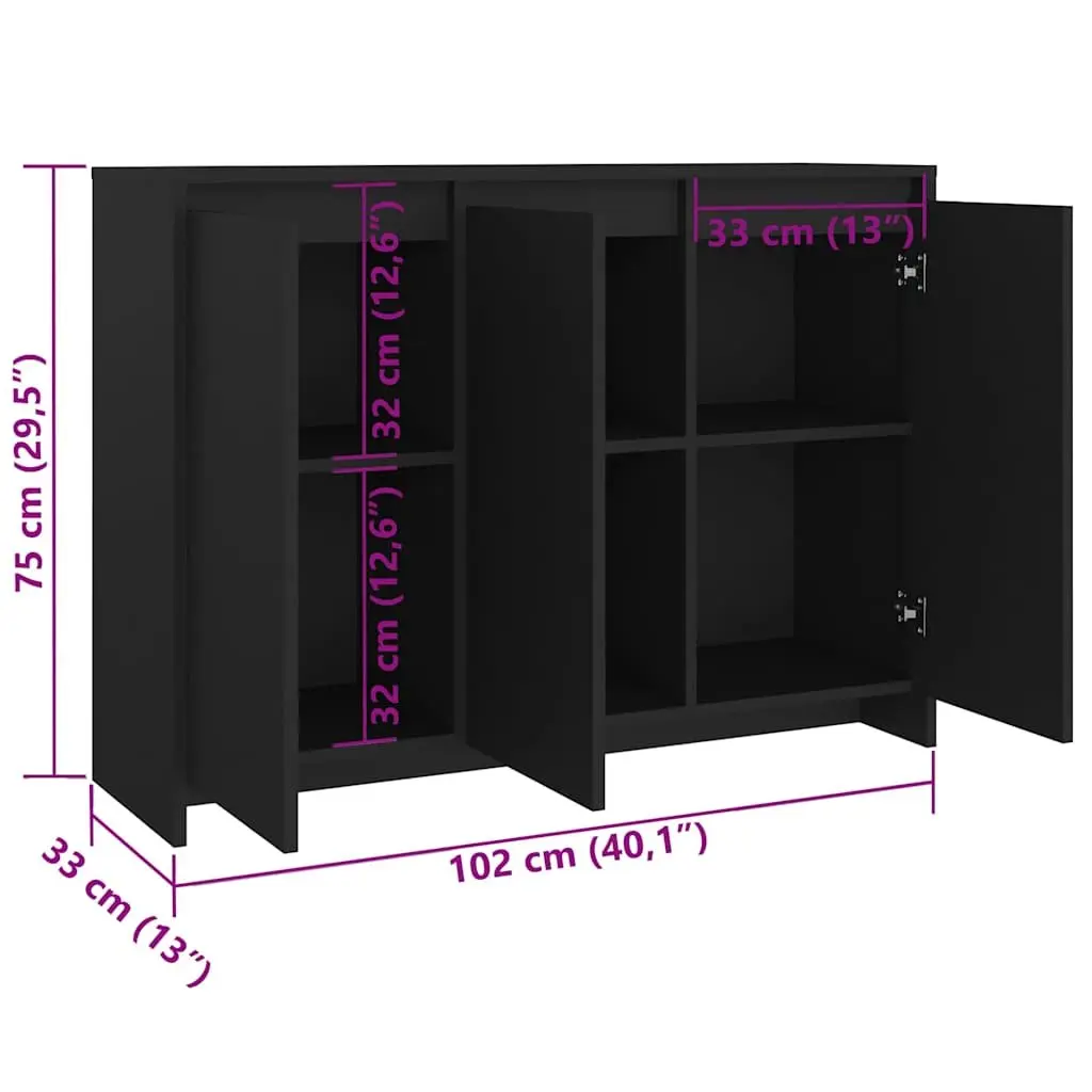 Sideboard Storage Cabinet Engineered Wood 102cm W x 33cm D x 75cm H Black