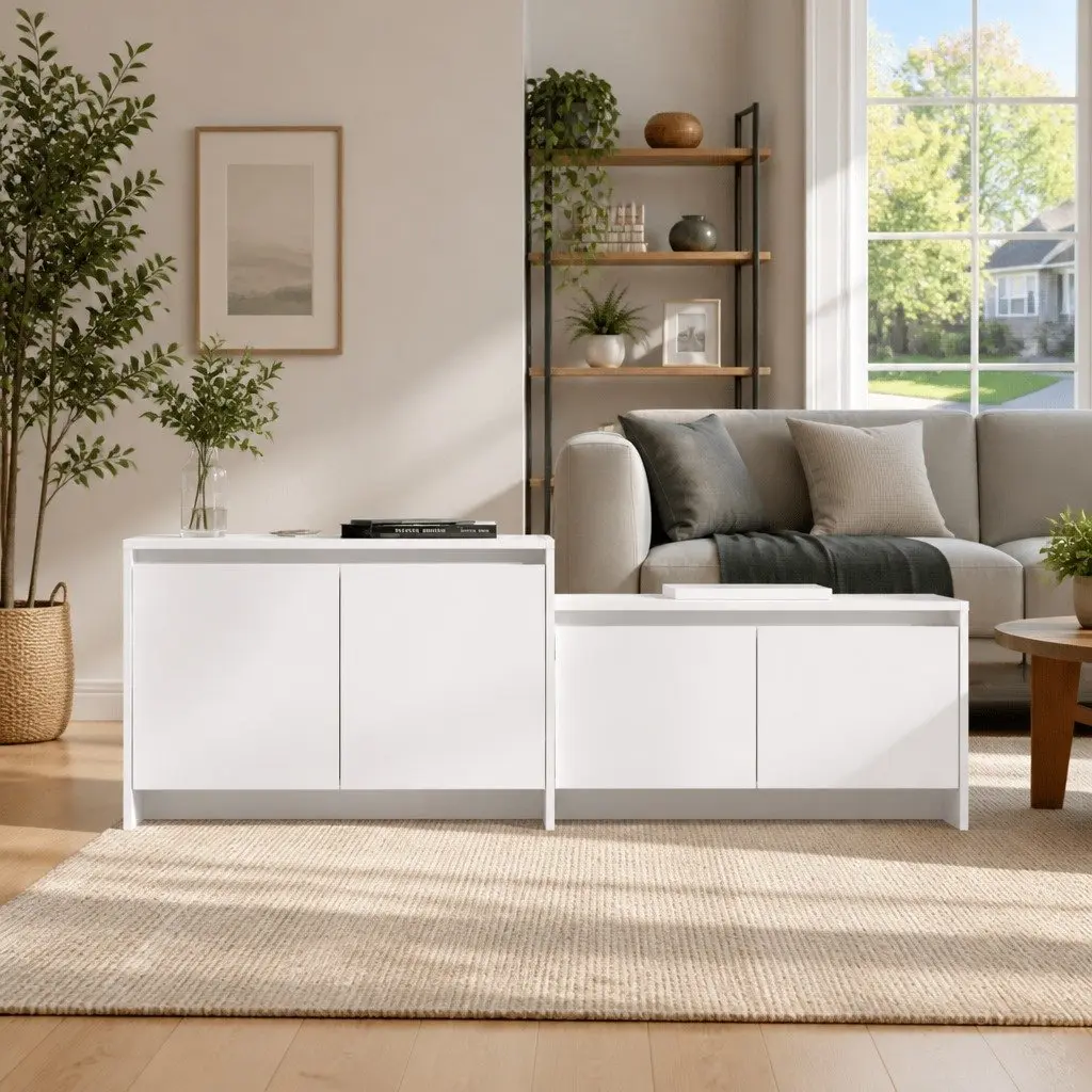 TV Cabinet White 4 Door Lowboard Living Room Storage Organiser Unit Furniture