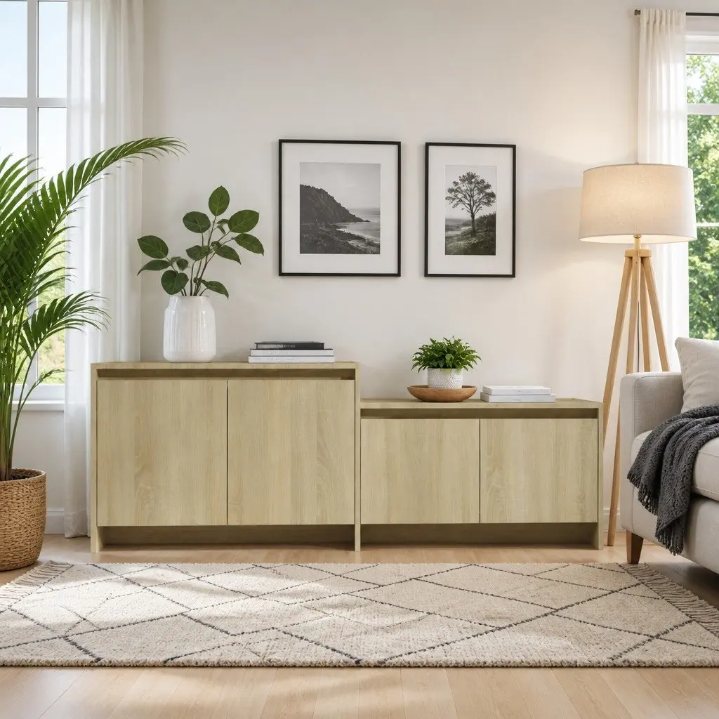 TV Cabinet with 4 Doors Beige Lowboard Living Room Media Storage Unit