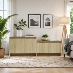 TV Cabinet with 4 Doors Beige Lowboard Living Room Media Storage Unit