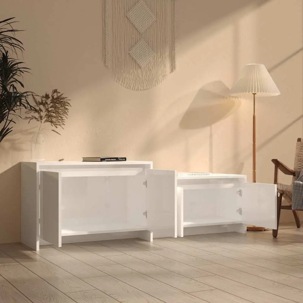 TV Cabinet Engineered Wood 146.5 x 35 x 50 cm High Gloss White 4 Door Storage Unit Living Room Lowboard Organiser