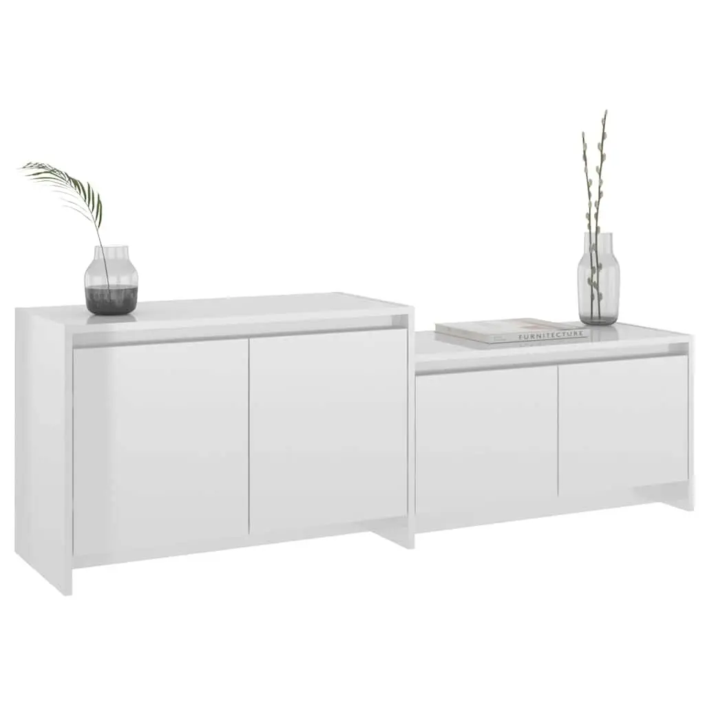 TV Cabinet Engineered Wood 146.5 x 35 x 50 cm High Gloss White 4 Door Storage Unit Living Room Lowboard Organiser