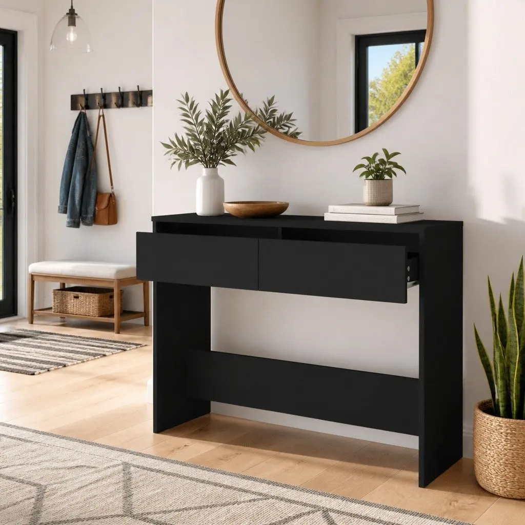 Black Console Table Engineered Wood Compact Size 100x35x76.5cm Storage Accent Furniture for Hallway Living Room Office