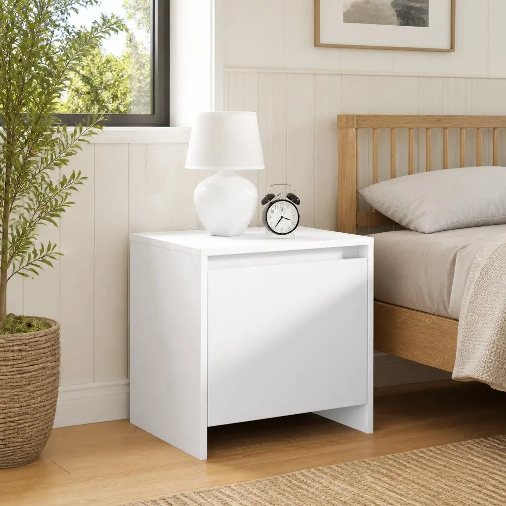 White Engineered Wood Nightstand Bedside Cabinet Storage 45cm Compact Furniture
