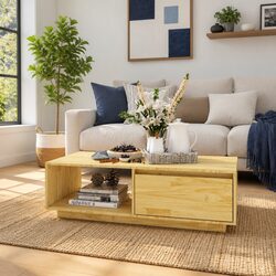 Coffee Table 110x50x33.5cm Solid Pinewood Modern Design Storage Shelf Living
