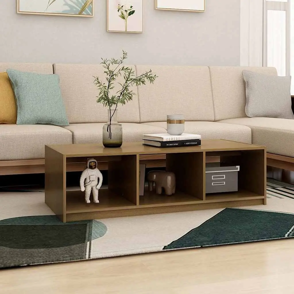 Coffee Table Solid Pinewood Honey Brown Storage Shelf 110x50x34cm Modern Living Room Furniture