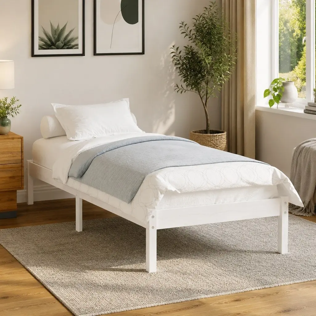 Solid Pinewood Bed Frame 90x190 cm White Slatted Base Modern Bedroom Furniture