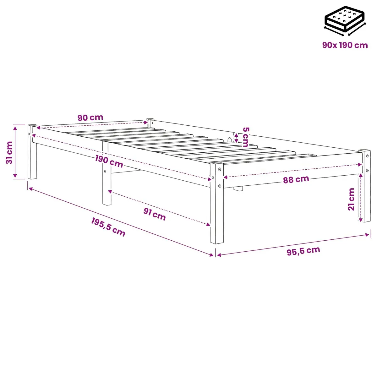 Solid Pinewood Bed Frame 90x190 cm White Slatted Base Modern Bedroom Furniture