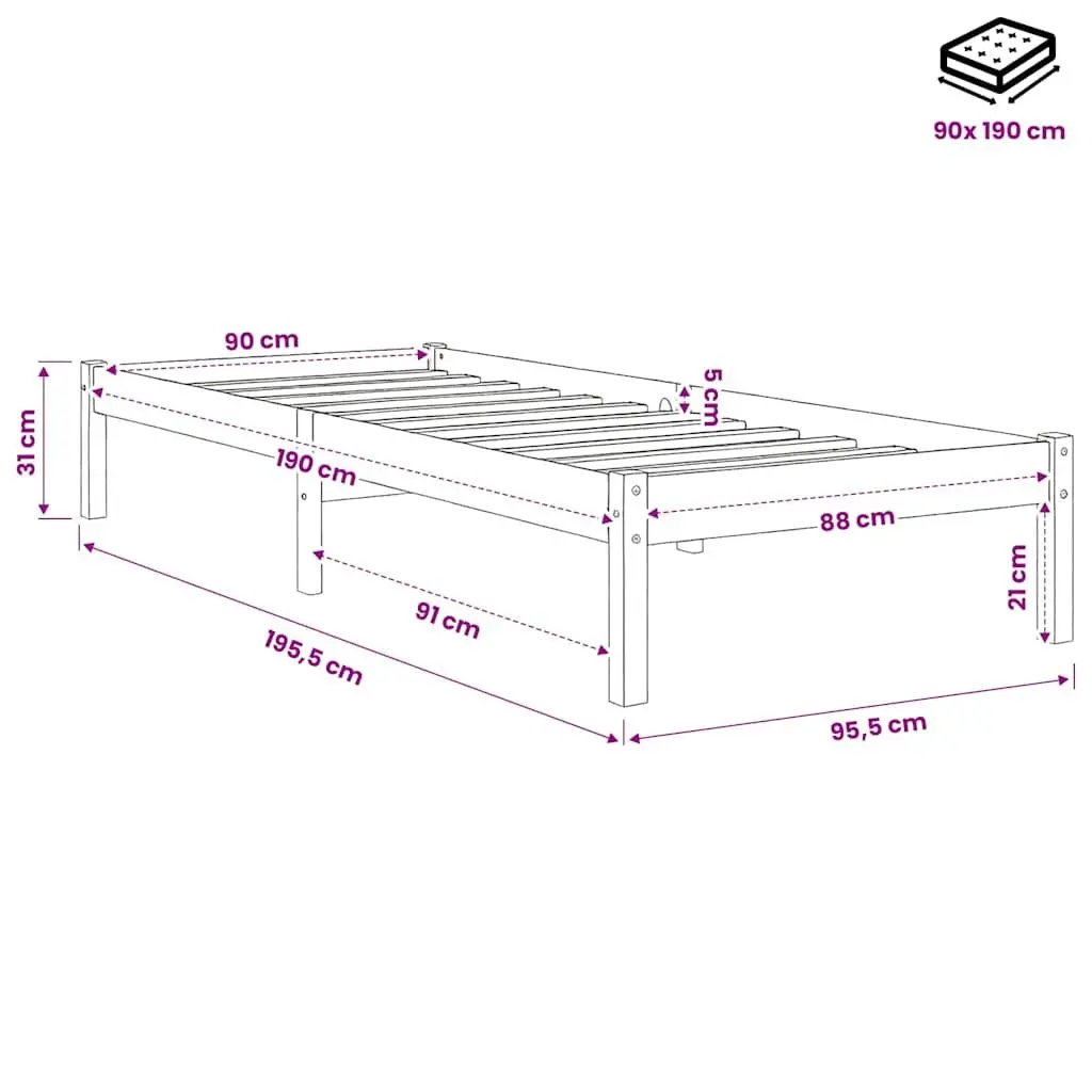 Solid Pinewood Bed Frame 90x190 cm White Slatted Base Modern Bedroom Furniture