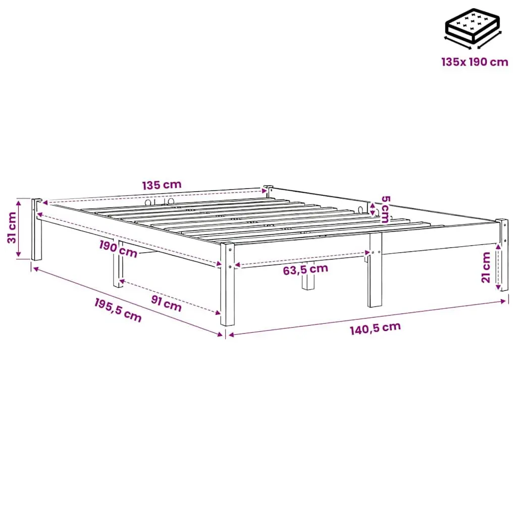 Bed Frame Solid Pinewood 135x190 cm Brown Slatted Base