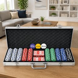 Poker Set 500 Chips Casino Cards Dice Buttons Aluminium Case Game