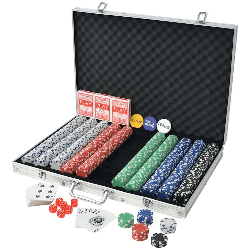 Poker Set Aluminium Case 1000 Chips Casino Dice Playing Cards Buttons