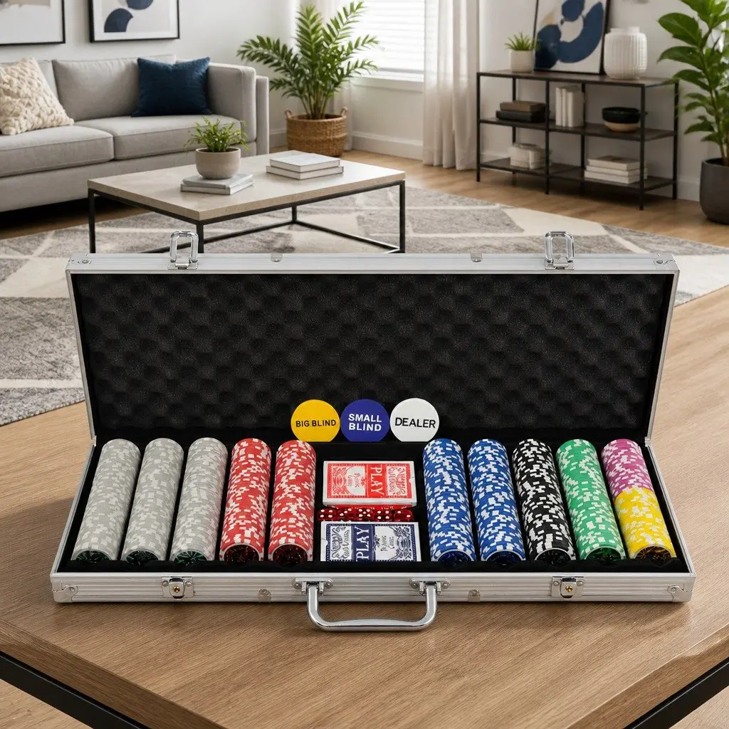 Poker Set Aluminium Case 500 Laser Chips 2 Decks Playing Cards 5 Casino Dice Buttons