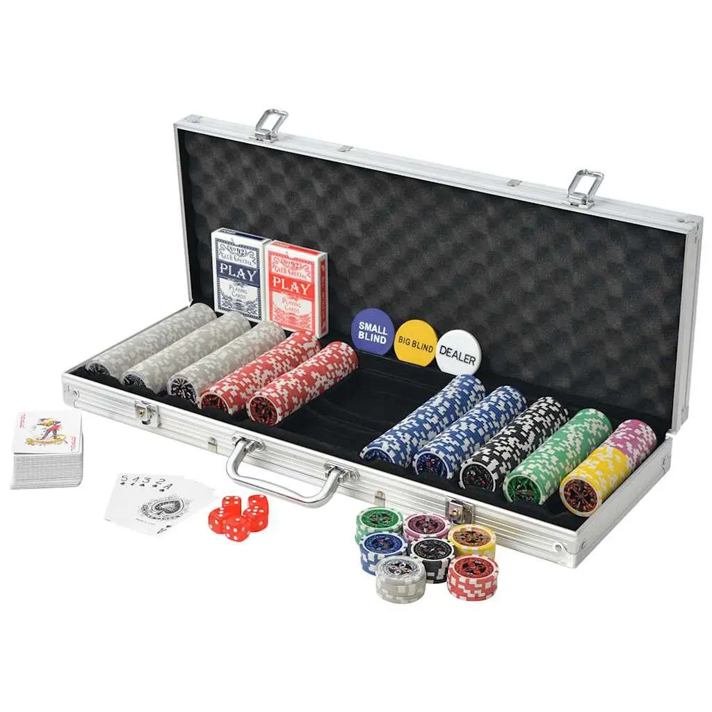 Poker Set Aluminium Case 500 Laser Chips 2 Decks Playing Cards 5 Casino Dice Buttons