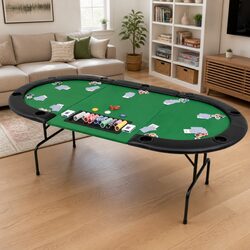 Folding Poker Table 9-Player Oval Gaming Green Padded Dealer Tray Cup Holders