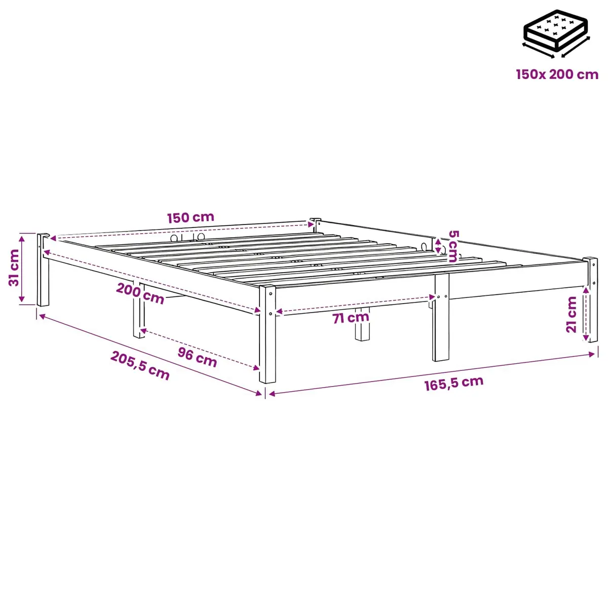 Solid Wood Bed Frame 150x200 cm Brown Pinewood Slatted Base