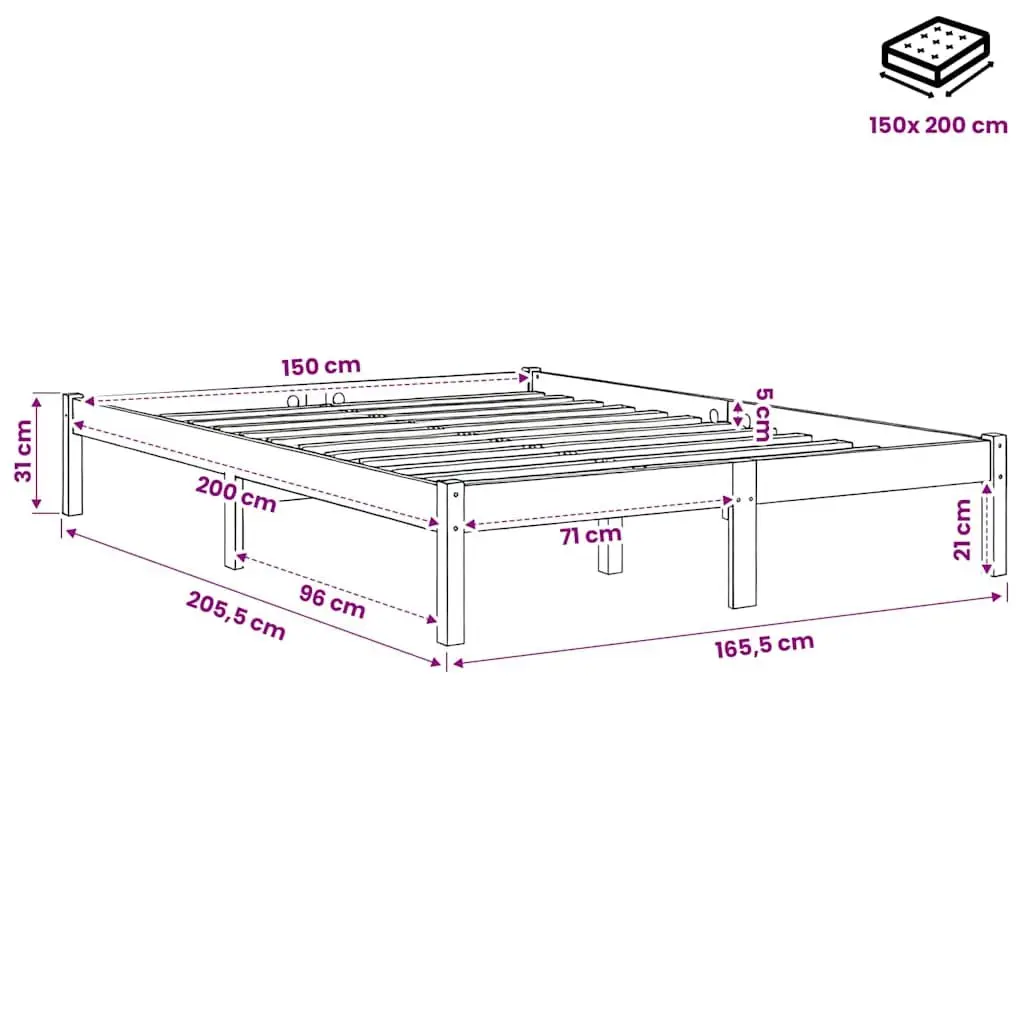 Solid Wood Bed Frame 150x200 cm Brown Pinewood Slatted Base