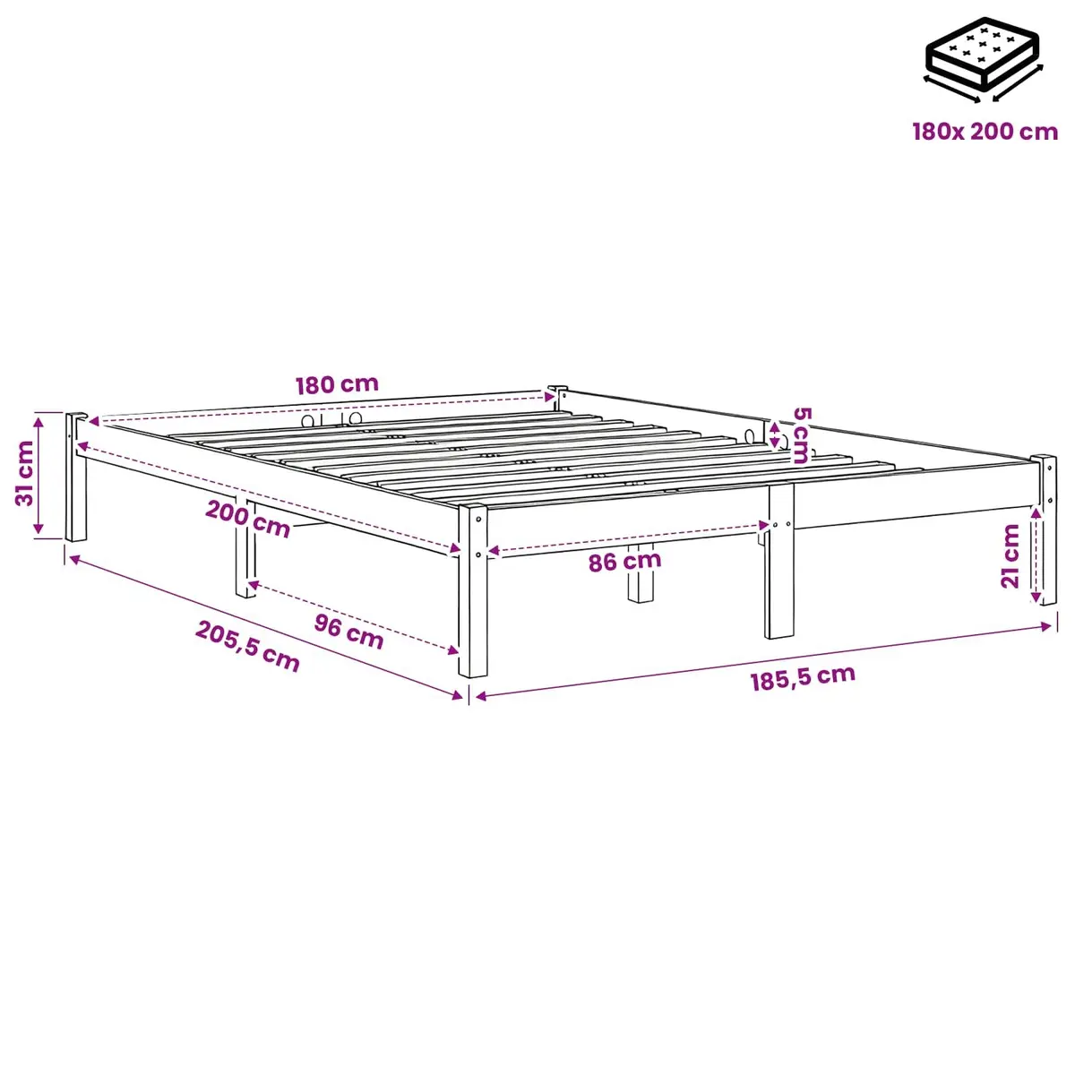 White Solid Wood King Bed Frame 183x203cm Modern Bedroom Furniture Slatted Base