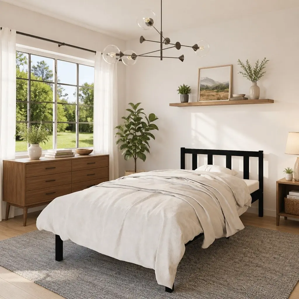 Solid Pinewood Bed Frame Black 90x190 cm Single Size Sturdy Construction