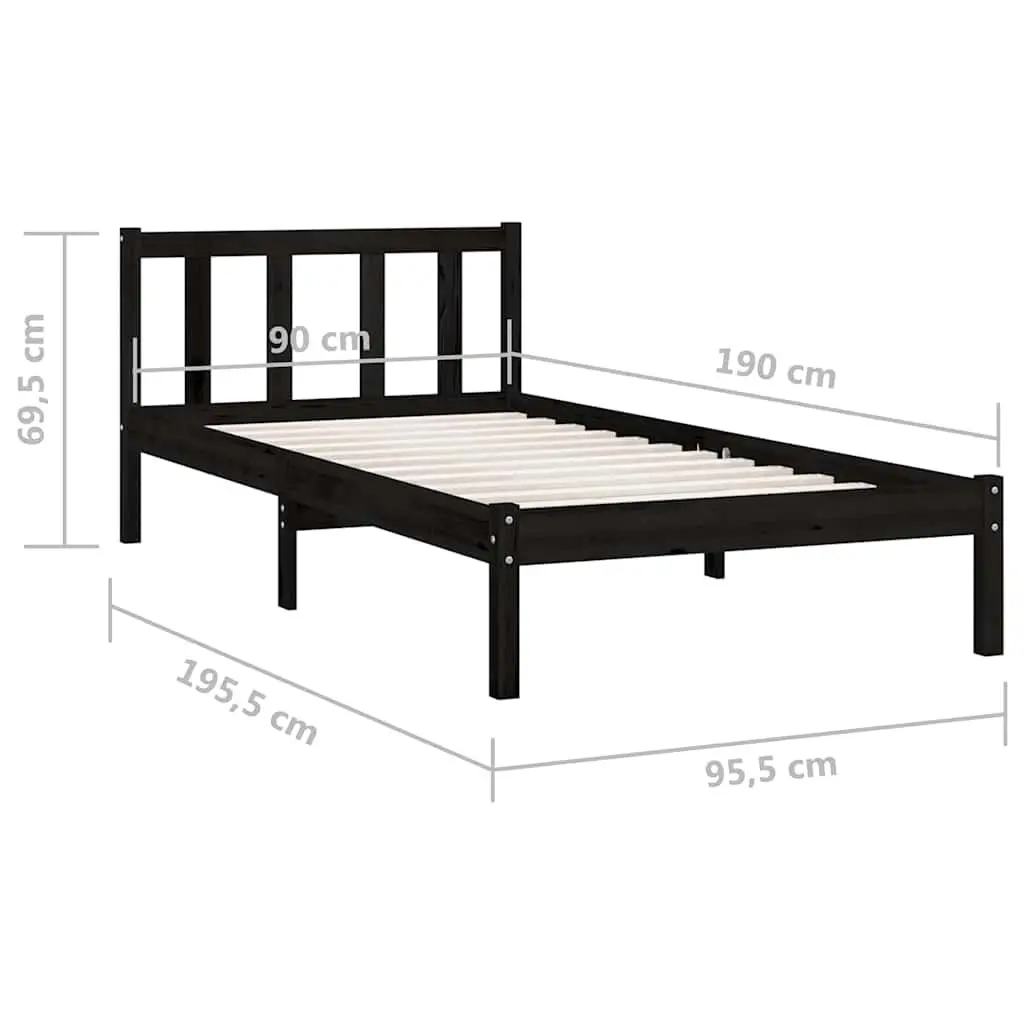 Solid Pinewood Bed Frame Black 90x190 cm Single Size Sturdy Construction