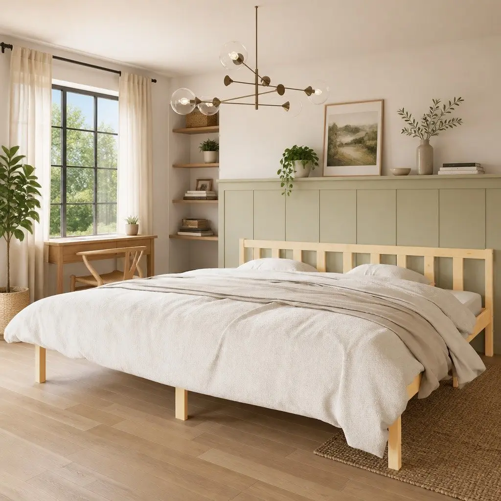 King Size Bed Frame Solid Pinewood 183x203cm Brown Slatted Base Modern Bedroom Furniture