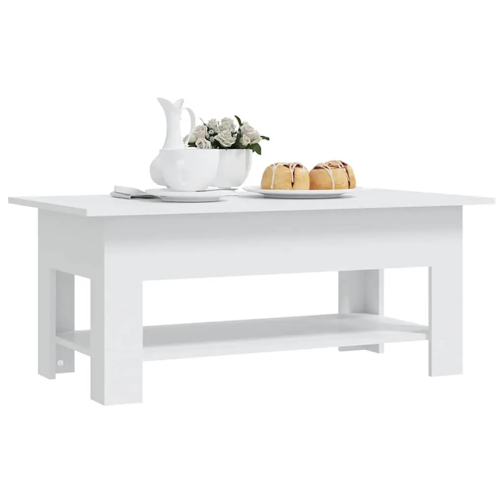 Coffee Table White Modern Two-Tier Design with Storage Shelf for Living Room