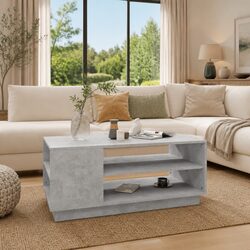 Grey Coffee Table with Storage Shelves Modern Design Living Room Accent