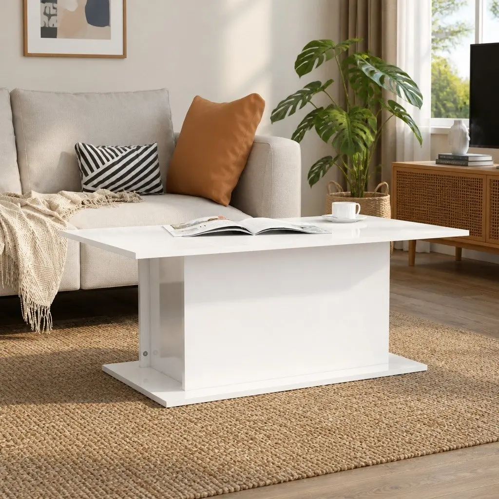 Accent Table High Gloss White Engineered Wood 102x55.5x40cm Coffee Table for Living Room