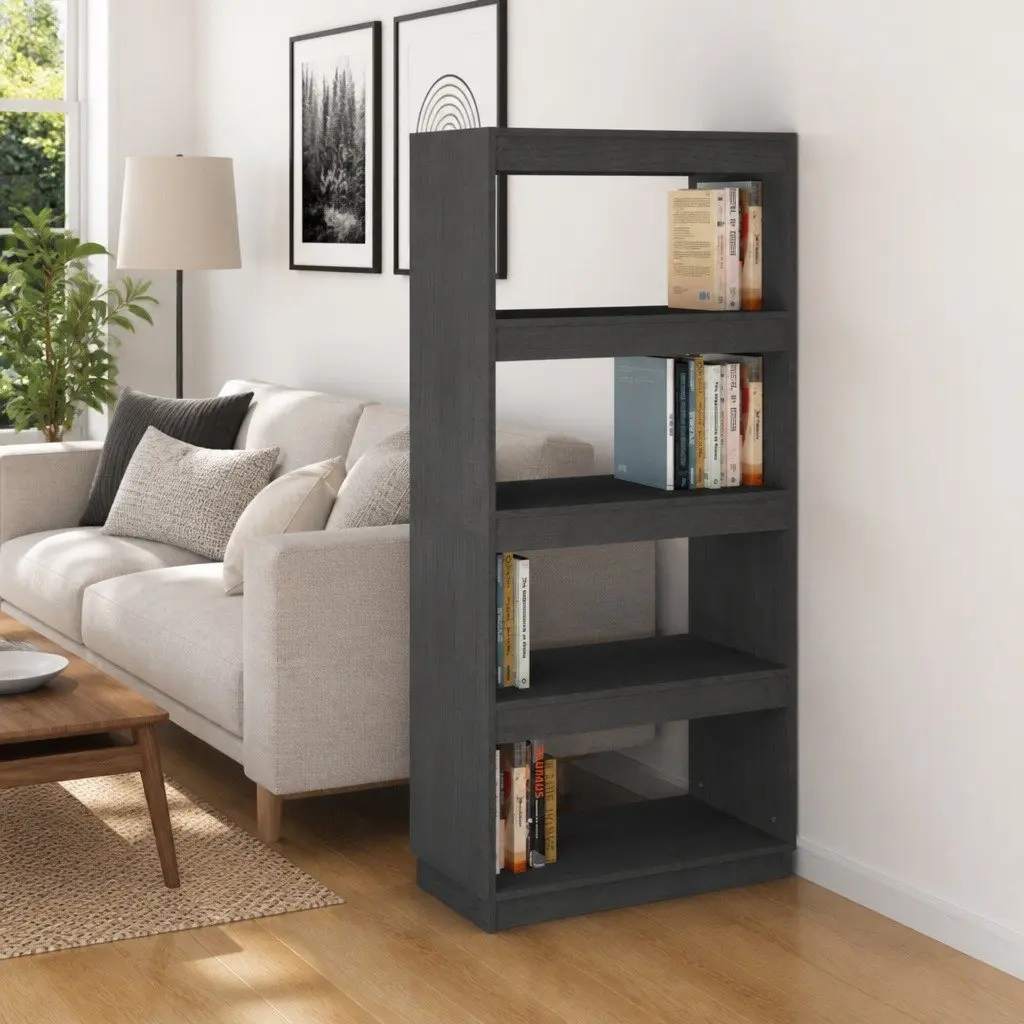 Book Cabinet Solid Pinewood 60x35x135cm Grey Shelving Storage Room Divider