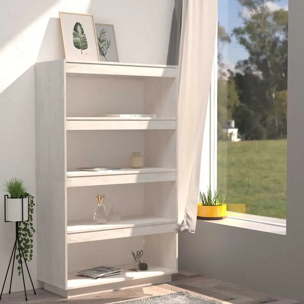 Book Cabinet Solid Pinewood White 80W x 35D x 135H cm Shelving Unit Room Divider Storage Organiser