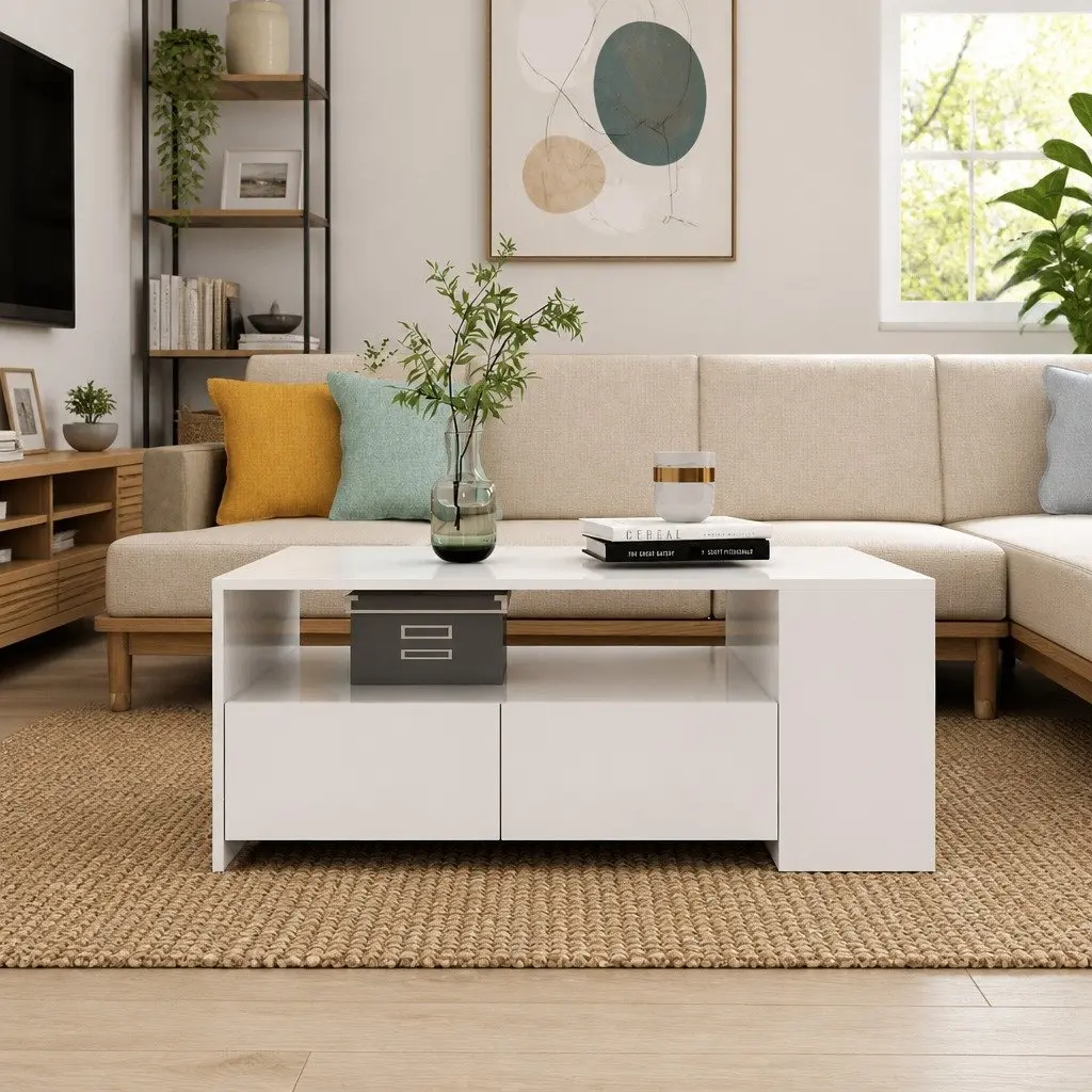 Coffee Table Engineered Wood 102cm White Storage Shelf Drawers Compartments